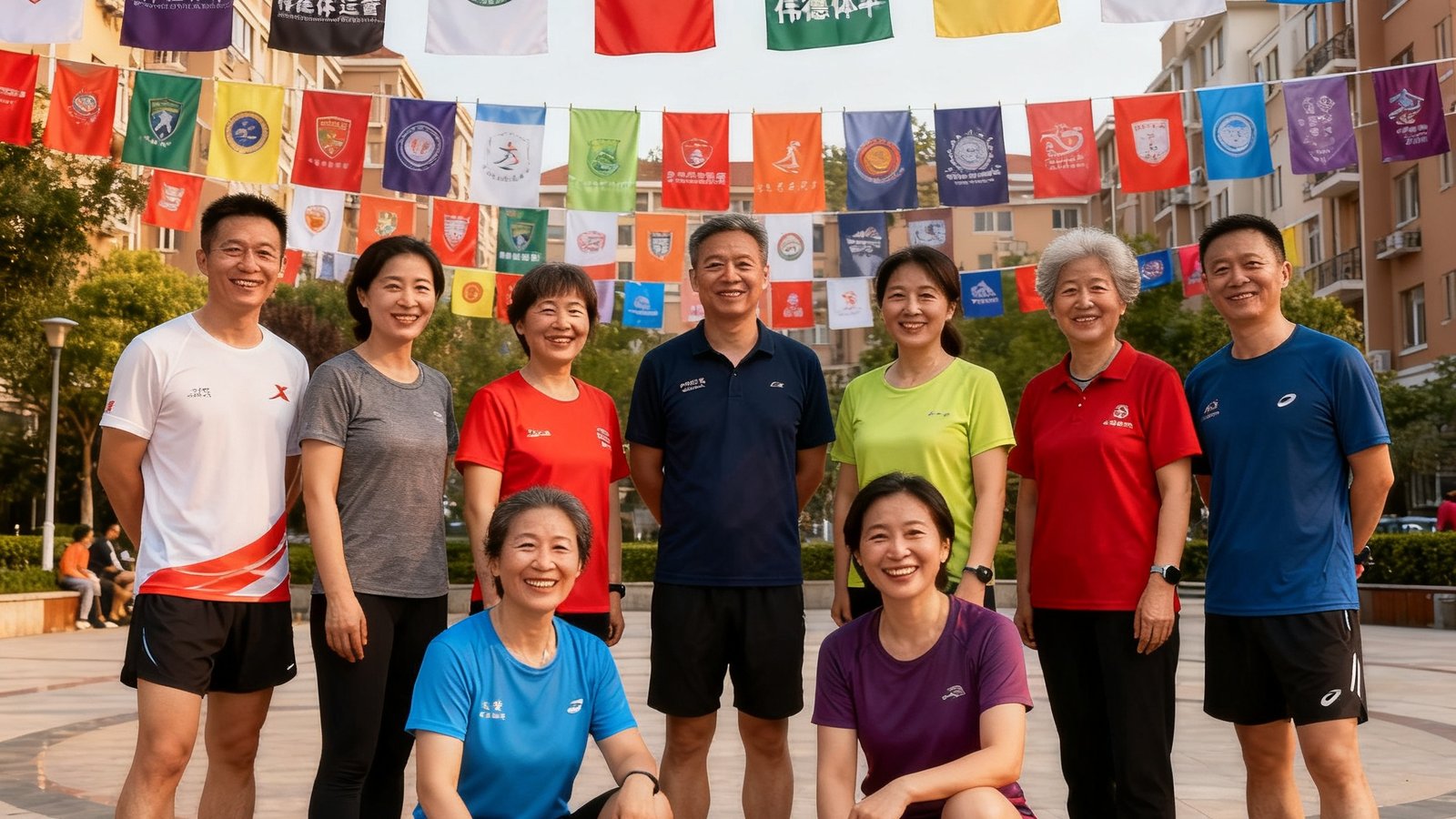 伟德体育运营团队在社区运动会结束后与居民志愿者一起合影留念，背景是挂满各色队旗的社区广场，人们脸上洋溢着运动后的笑容，画面传递出温暖的邻里氛围。