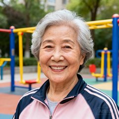 一位面色红润、头发花白但精神矍铄的退休女性居民近照，她穿着运动服站在社区健身角，笑容温暖自然。