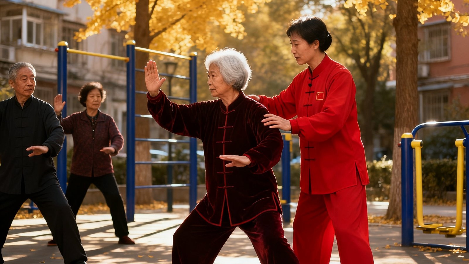 一位身穿红色指导服的社会体育指导员正在社区户外健身角耐心地帮一位头发花白的居民纠正太极拳动作，旁边几位居民也在跟着练习，阳光透过银杏树洒在地面上。