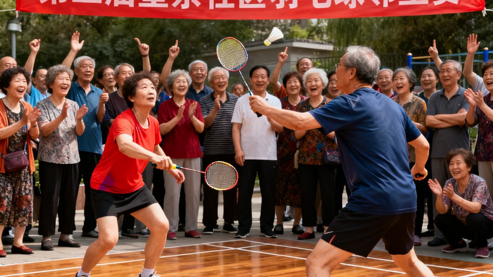 社区羽毛球邻里友谊赛决赛现场，两位居民选手正在激烈对决，场边围满了加油助威的邻居，横幅上写着第三届望京社区羽毛球邻里赛，现场气氛热火朝天。