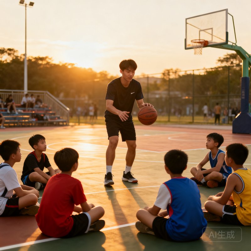 陈教练是一位充满活力的青年指导员，他正在篮球场上教一群青少年做运球训练，孩子们围在他身边专注地听讲，球场背景是傍晚温暖的金色光线。
